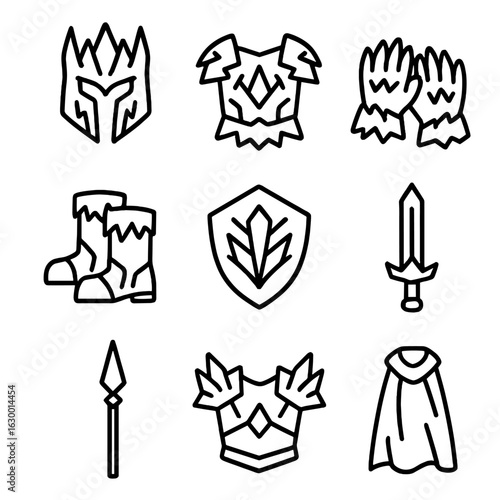 Frozen Warrior Gear Icons. Outline icon set of frozen warrior gear: frozen helmet, ice breastplate, frost gauntlets, snowy boots,