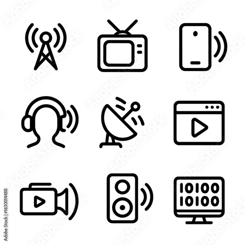 Broadcast Signal Icons. Outline icon set of broadcasting signals: radio broadcast, TV broadcast, live streaming signal, podcast