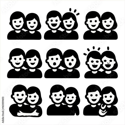 Couple's Expression Icons. Solid, filled icons set of couple’s expressions and emotions: smiling faces,
