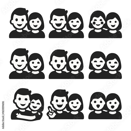 Couple's Expression Icons. Solid, filled icons set of couple’s expressions and emotions: smiling faces,