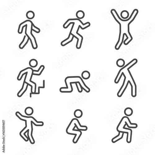 Movement Icon Set. Outline icon set of physical movement: walking, running, jumping, climbing, crawling, stretching, dancing,