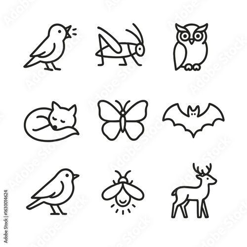Wildlife Icon Collection. Outline icon set of nocturnal and diurnal wildlife: early bird chirp, meadow cricket, night owl,