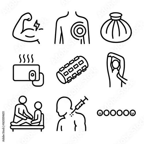 Muscle Pain Relief Icons. Outline icon set of muscle pain and relief: aching muscle, pain radiating, ice pack, heat pad, foam