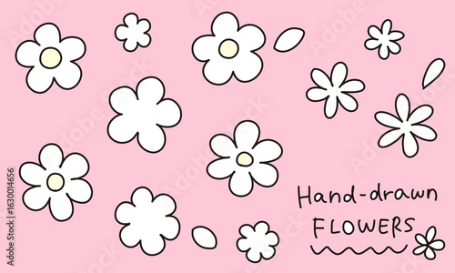 手描き花のベクター素材、アイコンセット（線幅、サイズ変更可、塗りあり） / Hand-drawn Pink Flower Vector Illustration