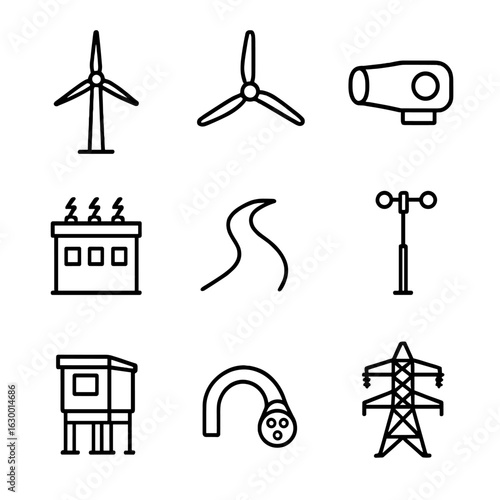 Wind Farm Icons. Outline icon set of wind farm infrastructure: turbine tower, rotor blades, nacelle, electrical substation,