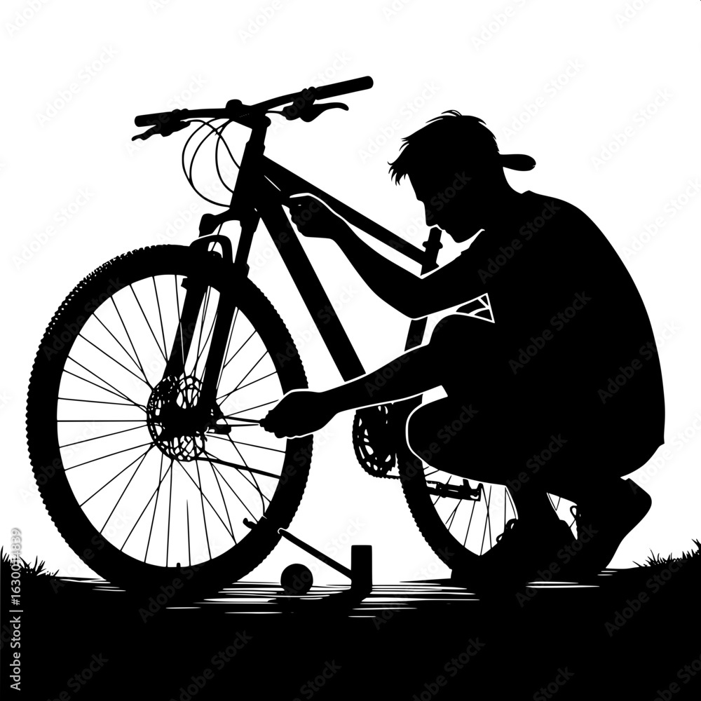 Obraz premium Man Fixing Bicycle Tire