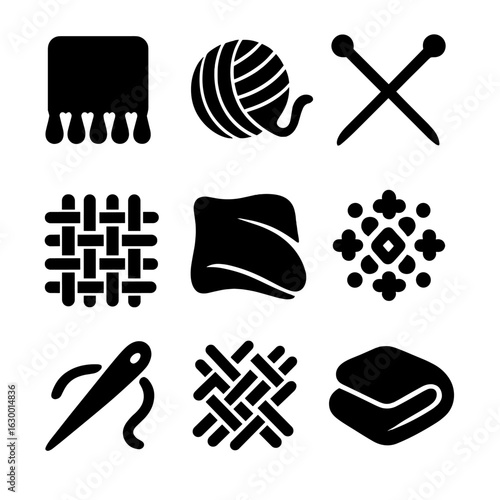 Cozy Crafting Icons. Solid, filled icons set of blanket making: fringe tassels, yarn ball, knitting needles,