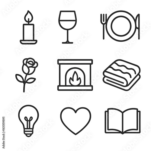 Cozy Candlelit Moments. Outline icon set of candlelit dinners and cozy moments: candle, wine glass, dinner