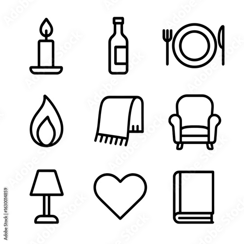 Cozy Dinner Icons. Outline icon set of warm dinners and intimate moments: candle, wine bottle, dinner plate,