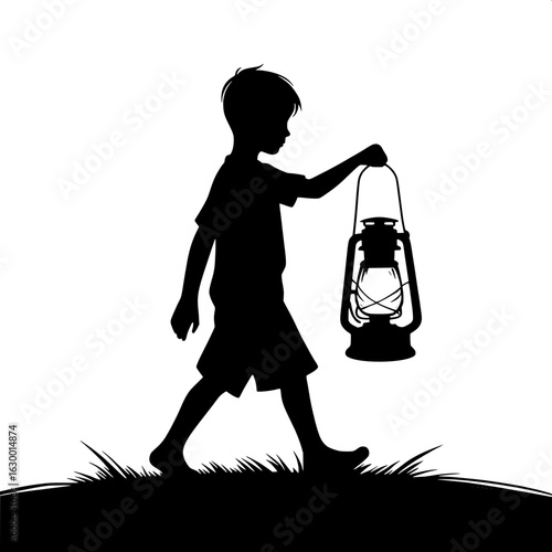 Boy Holding Lantern in Dark Field