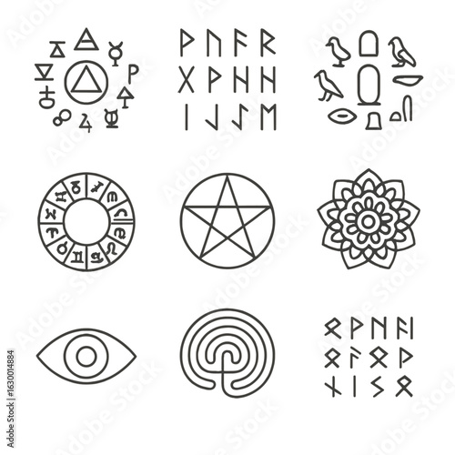 Mystic Symbols Grid. Outline icon set of cryptic symbols: alchemy signs, runes, hieroglyphs, zodiac wheel, pentagram, mandala,