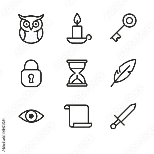 Mystical Symbols Icons. Outline icon set of ancient book symbolism: owl, candle flame, key, lock, hourglass, feather, eye, scroll,