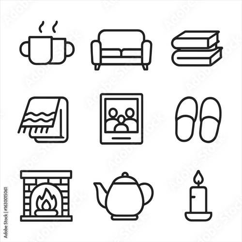 Cozy Family Icons. Outline icon set of relaxing family moments: coffee mugs, couch, books, warm blanket,