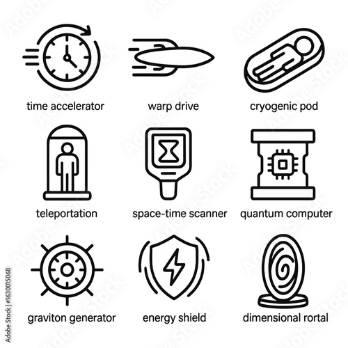 Futuristic Tech Icons. Outline icon set of futuristic space-time tech: time accelerator, warp drive, cryogenic pod, teleportation