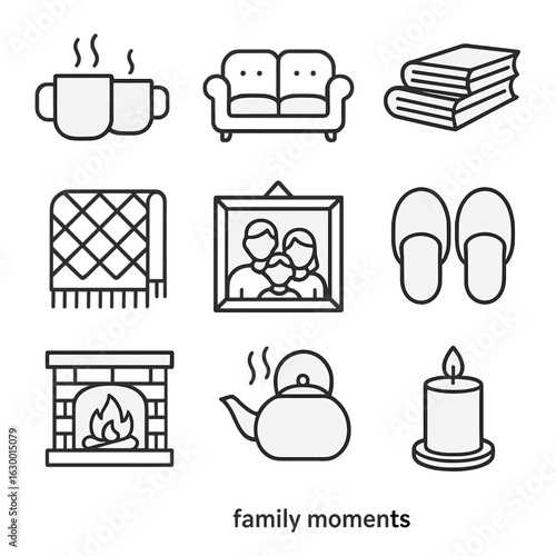 Cozy Family Icons. Outline icon set of relaxing family moments: coffee mugs, couch, books, warm blanket,