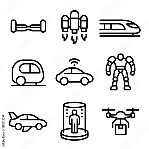 Futuristic Transport Icons. Outline icon set of futuristic locomotion: hoverboard, jetpack, maglev train, hyperloop pod,