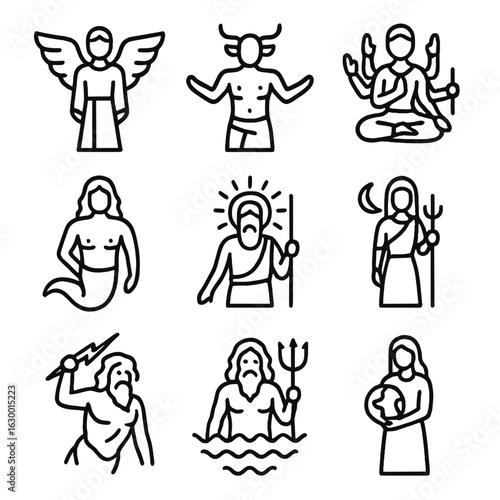 Mythical God Icons. Outline icon set of mythological god forms: winged deity, horned god, multi-armed god, serpent-bodied god,