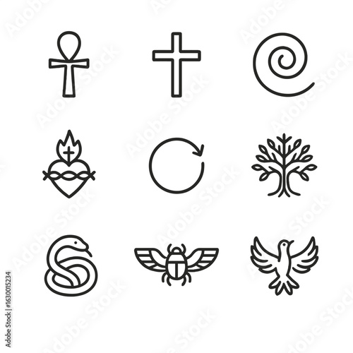 Mythical Resurrection Icons. Outline icon set of resurrection in mythology: Ankh, resurrection cross, eternal spiral, sacred heart