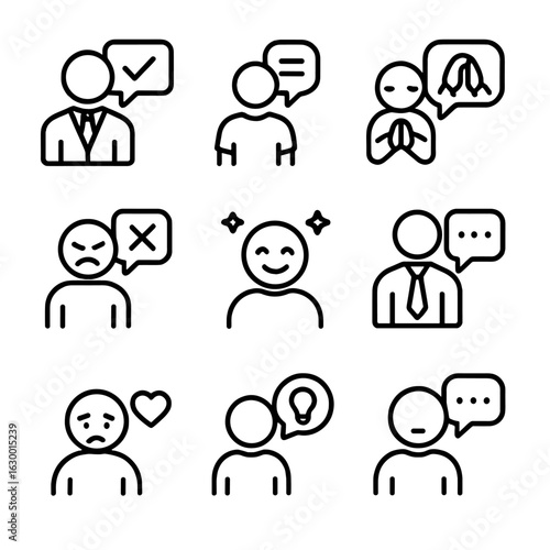 Communication Tone Icons. Outline icon set of tone in communication: formal, informal, respectful, rude, friendly, professional,