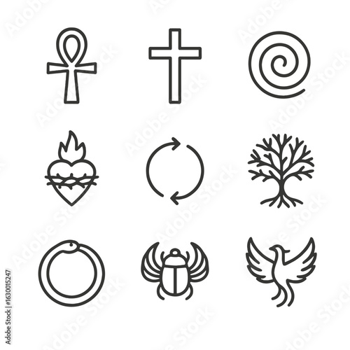 Mythical Resurrection Icons. Outline icon set of resurrection in mythology: Ankh, resurrection cross, eternal spiral, sacred heart