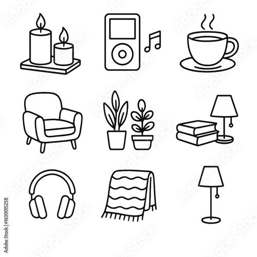 Cozy Icons Grid. Outline icon set of relaxing creative environment: candles, music player, cup of tea, cozy