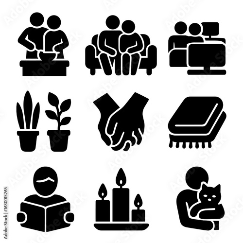 Cozy Home Icons. Solid, filled icons set of intimate moments at home: couple cooking, relaxing on couch,
