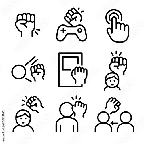 Game Knock Icons. Outline icon set of knock in games: knock action, knocking to start, virtual knock, game cue knock, level knock,