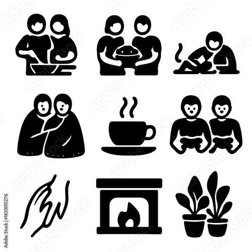 Cozy Home Icons. Solid, filled icons set of cozy home life: cooking side by side, sharing snacks, relaxing