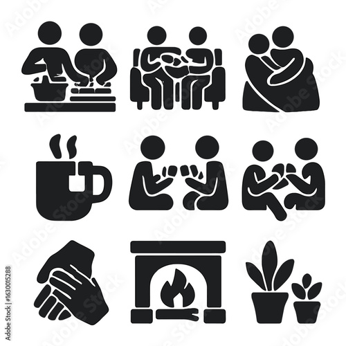Cozy Home Icons. Solid, filled icons set of cozy home life: cooking side by side, sharing snacks, relaxing