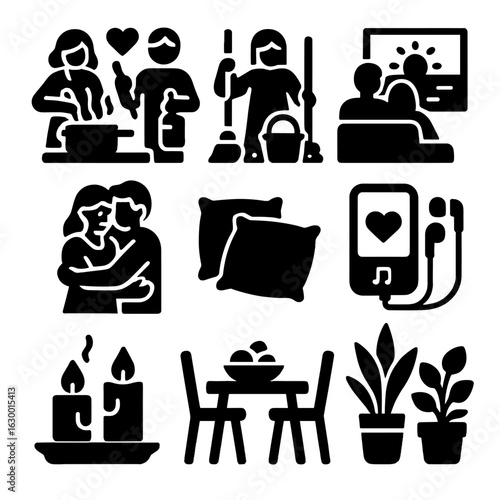 Cozy Home Icons. Solid, filled icons set of loving home atmosphere: cooking meals, cleaning together, watching
