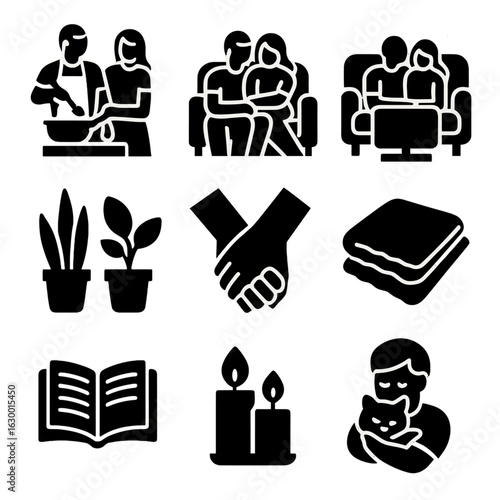 Cozy Home Icons. Solid, filled icons set of intimate moments at home: couple cooking, relaxing on couch,