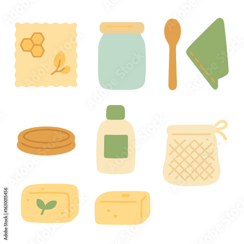 Zero Waste Kitchen Tools. Flat vector mini-illustrations zero waste kitchen tools in colors children's illustrations: beeswax wrap