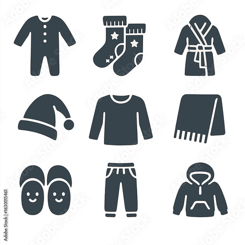 Cozy Kidswear Icons. Solid, filled icons set of cozy indoor outfits for kids: fleece pajamas, slipper socks,