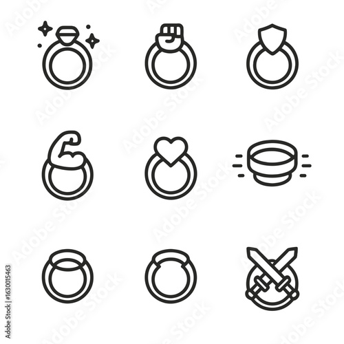 Gaming Ring Icons. Outline icon set of ring in gaming: magic ring, power ring, ring of defense, ring of strength, enchanted ring,