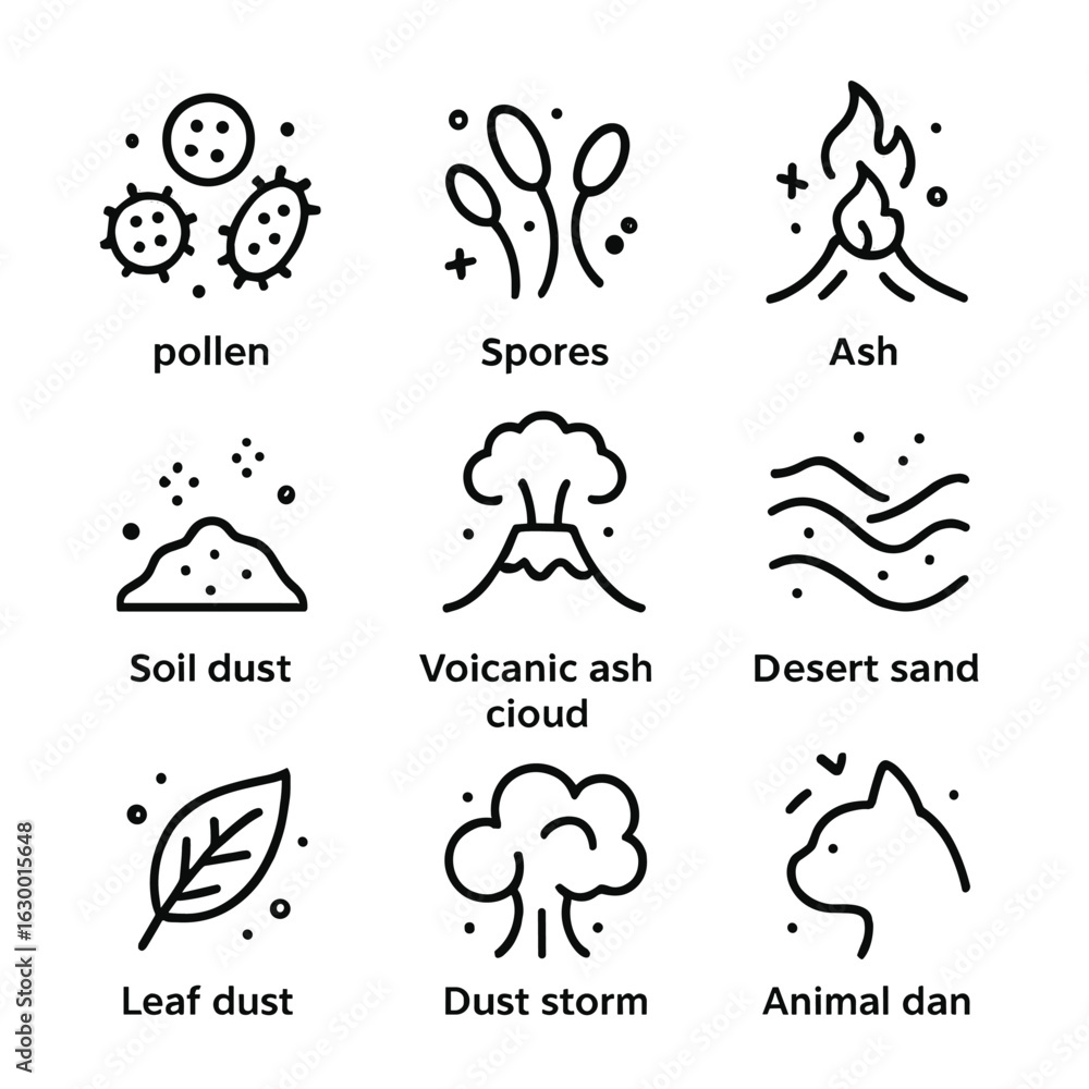 Obraz premium Nature Dust Icon Set. Outline icon set of dust in nature: pollen, spores, ash, soil dust, volcanic ash cloud, desert sand, dust