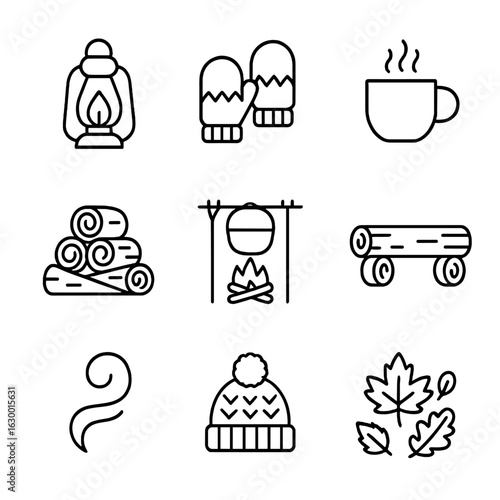 Cozy Outdoor Icons. Outline icon set of cozy outdoor moments: firelight glow, warm mittens, cup of tea,