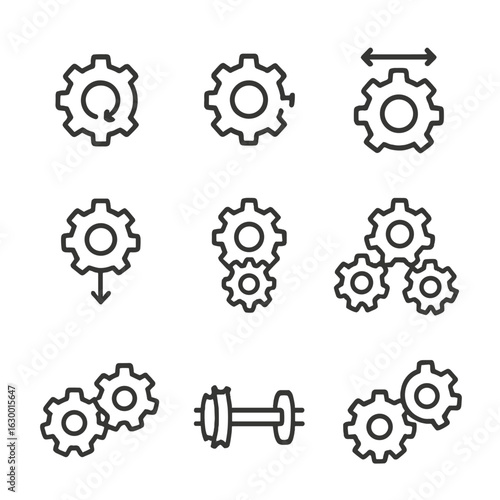 Gear Motion Icon Set. Outline icon set of gear motion types: clockwise rotation, counterclockwise rotation, oscillating gear,