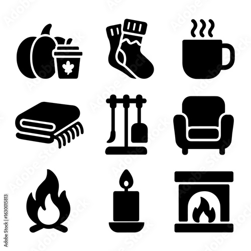 Cozy Seasonal Icons. Solid, filled icons set of seasonal indoor comfort: pumpkin spice, knitted socks, fire