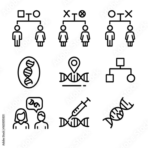 Genetic Inheritance Icons. Outline icon set of genetic inheritance patterns: autosomal dominant, autosomal recessive, X-linked,