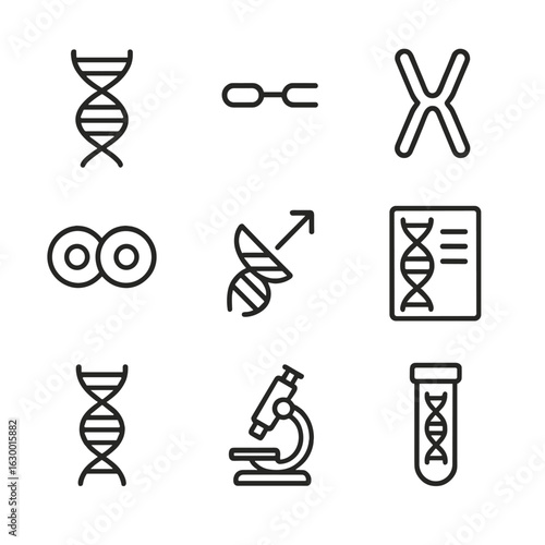 Genetics Icon Set. Outline icon set of genetics icons: DNA strand, gene, chromosome, cell division, mutation, genetic code, double