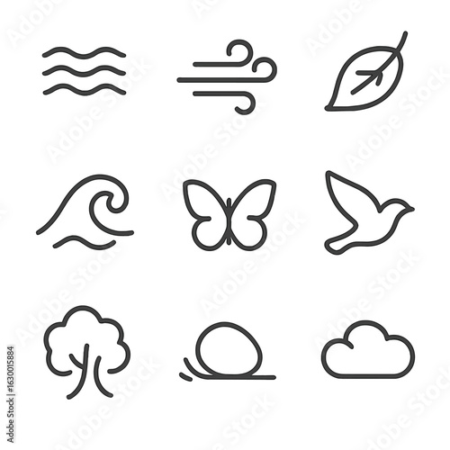 Nature Motion Icons. Outline icon set of natural motion: flowing water, wind gust, falling leaf, rolling wave, fluttering