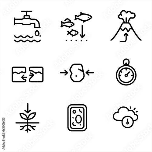 Nature's Pressure Icons. Outline icon set of pressure in nature: water pressure, deep sea, volcanic pressure, tectonic plates,