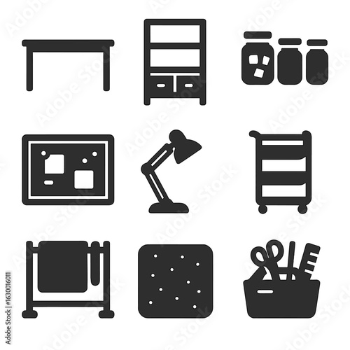 Craft Room Icons. Solid, filled icons set of craft room setup: worktable, shelving unit, storage jars,