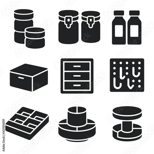 Craft Storage Icons. Solid, filled icons set of craft storage containers: stackable jars, airtight lids,