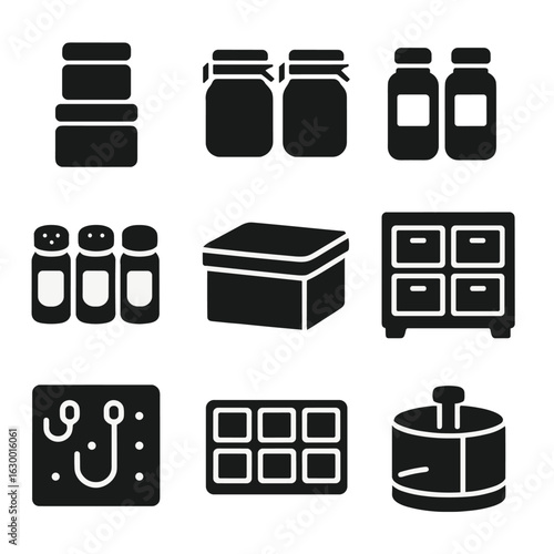 Craft Storage Icons. Solid, filled icons set of craft storage containers: stackable jars, airtight lids,