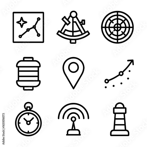 Navigation Icon Set. Outline icon set of navigation aids: star map, sextant, astrogation chart, gyro stabilizer, compass module,