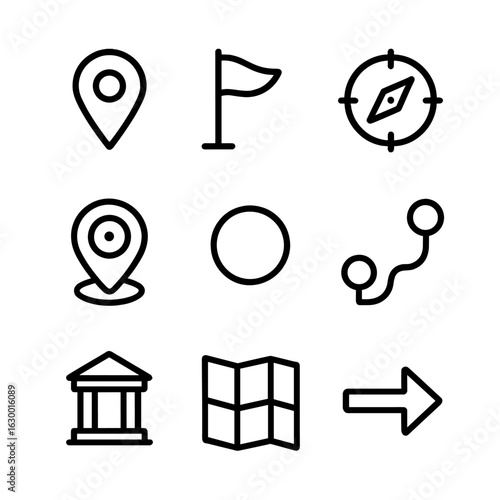 Navigation Icon Set. Outline icon set of navigation marks: map pin, waypoint flag, compass, GPS marker, location dot, route line,