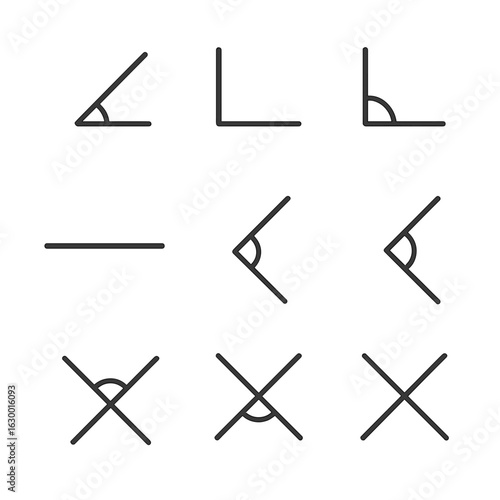 Geometric Angles Icon Set. Outline icon set of geometric angles: acute angle, right angle, obtuse angle, straight angle, reflex
