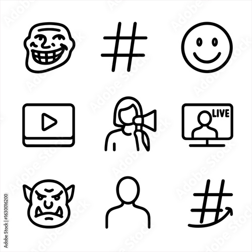 Net Culture Icons. Outline icon set of net culture symbols: meme, hashtag, emoji, viral video, influencer, livestream, troll,