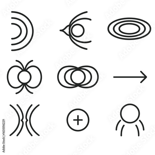 Neptune Magnetosphere Icon Set. Outline icon set of Neptune’s magnetosphere: magnetopause boundary, bow shock, plasma torus, field